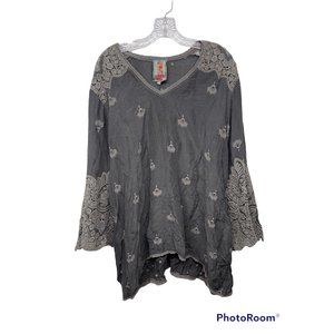 Johnny Was Charcoal Blouse with Lace & Embroidered Accents